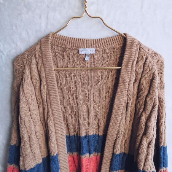 ANTHROPOLOGIE Brown Cable Knit Cardigan Size M/L Longline Varsity Stripes Preppy - Picture 6 of 11